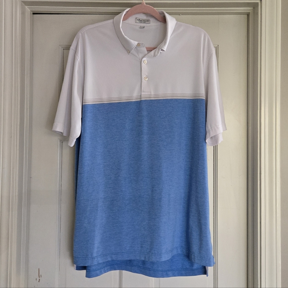 Peter Millar Summer Comfort White and Blue Men's Golf Polo Shirt Large
